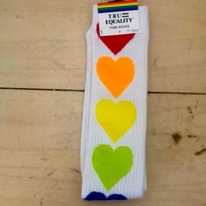 Pair of rainbow colored hearts 💕 white tube socks